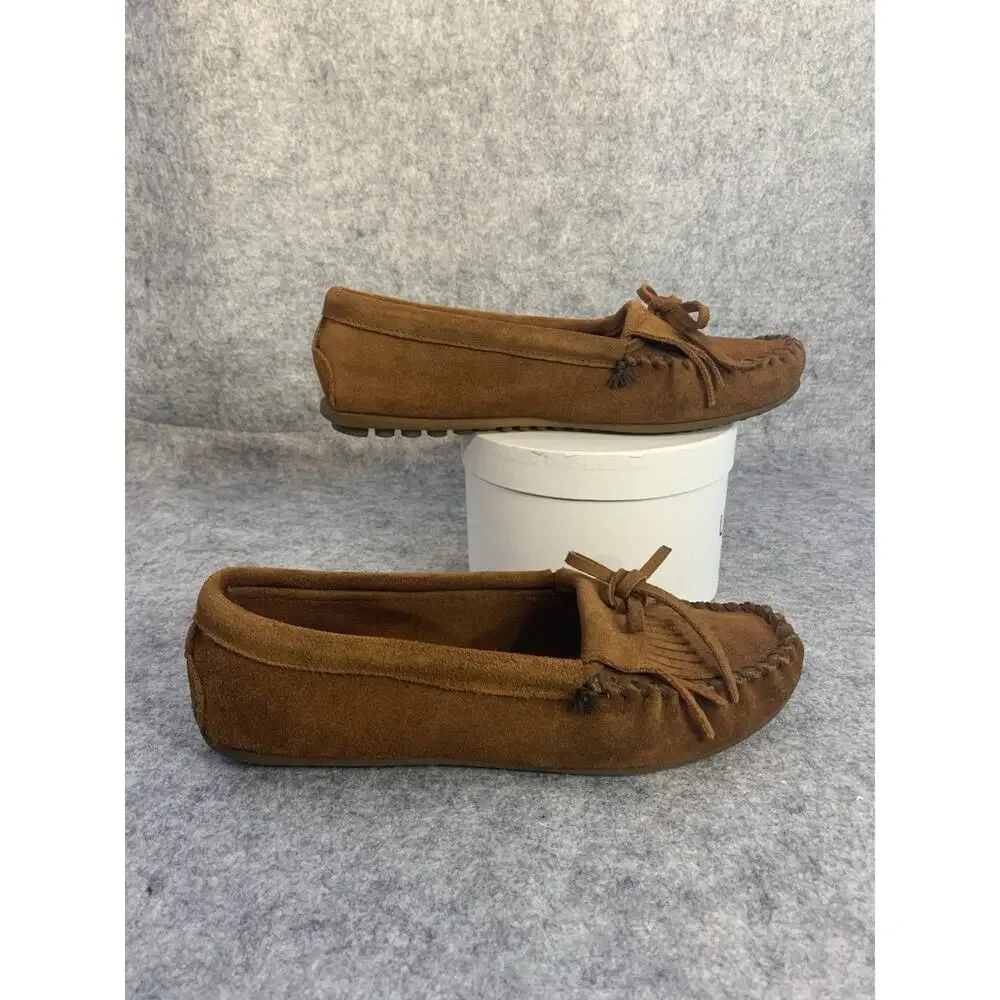 Minnetonka Moccasins Womens 10 Brown Suede Kilty Fringe Driving Loafer Shoes